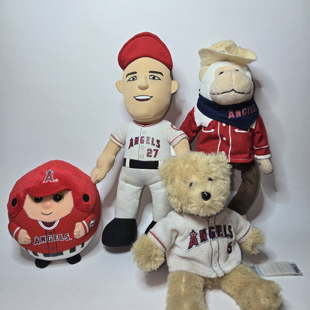 LA ANGELS Plush Toys Lot of 4: Mike Trout, Rally Monkey, Pujos Bear, Round Baby